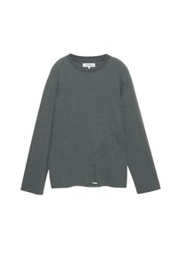 Siva dolgo rokavna majica z okrolim izrezom, asimetričnim robom in detajli ob stranskih šivih. Tkanina je videti mehka in lahka.