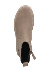 Beige Wildleder-Stiefelette mit runder Zehenpartie, seitlichem Reißverschluss und strukturiertem Absatz. Die Stiefelette verfügt über eine gestickte Akzentuierung und ein glattes Innenfutter.