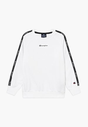 Weißes Sweatshirt mit schwarzen Akzentstreifen an den Ärmeln. Verfügt über einen gerippten Rundhalsausschnitt und ein aufgesticktes "Champion"-Logo auf der Brust.