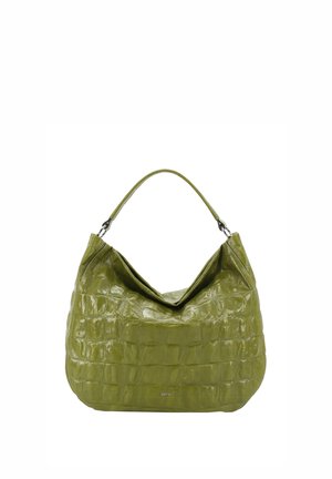 Olive green large leather handbag with crocodile texture, single strap handle, and small silver brand logo at the bottom center.