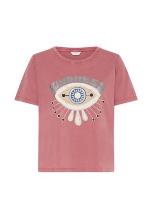 Dusty rose short-sleeve t-shirt with a large eye graphic and the word "KINDNESS" above it in faded blue letters.