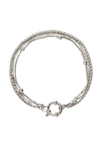 Srebrna metalowa bransoletka z różnymi stylami łańcuchów, kwadratowymi koralikami i okrągłymi akcentami, z zapięciem na toggle dla bezpiecznego zamknięcia.