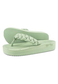 Rubber flip-flops in mint green with a braided strap, textured footbed, and a ridged sole for grip. Features embossed branding on the side.
