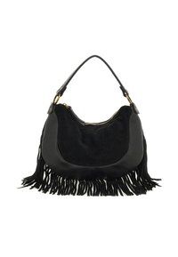 Borsa in pelle nera e camoscio con una sola tracolla, zip dorata e dettagli in frange lungo il bordo inferiore.