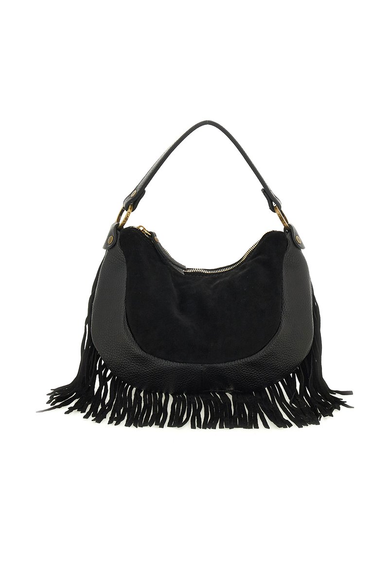 Borsa in pelle nera e camoscio con una sola tracolla, zip dorata e dettagli in frange lungo il bordo inferiore.