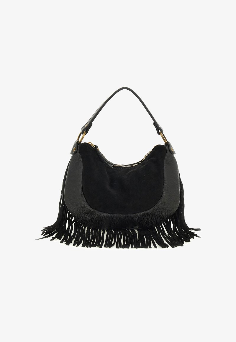 Bolso de mano de cuero negro y ante con una sola correa, cremallera dorada y detalles de flecos a lo largo del borde inferior.