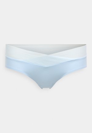 Lyseblåt undertøj med en glat tekstur og en bred hvid elastik i taljen, der har et krydsdesign foran. Ingen synlige sømme.
