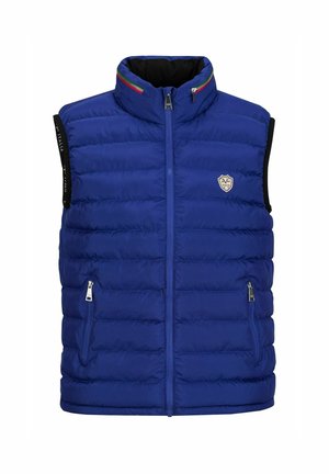 Blue padded vest with a high collar, front zipper, and two side pockets. Features a logo patch and multicolored accent in the collar.