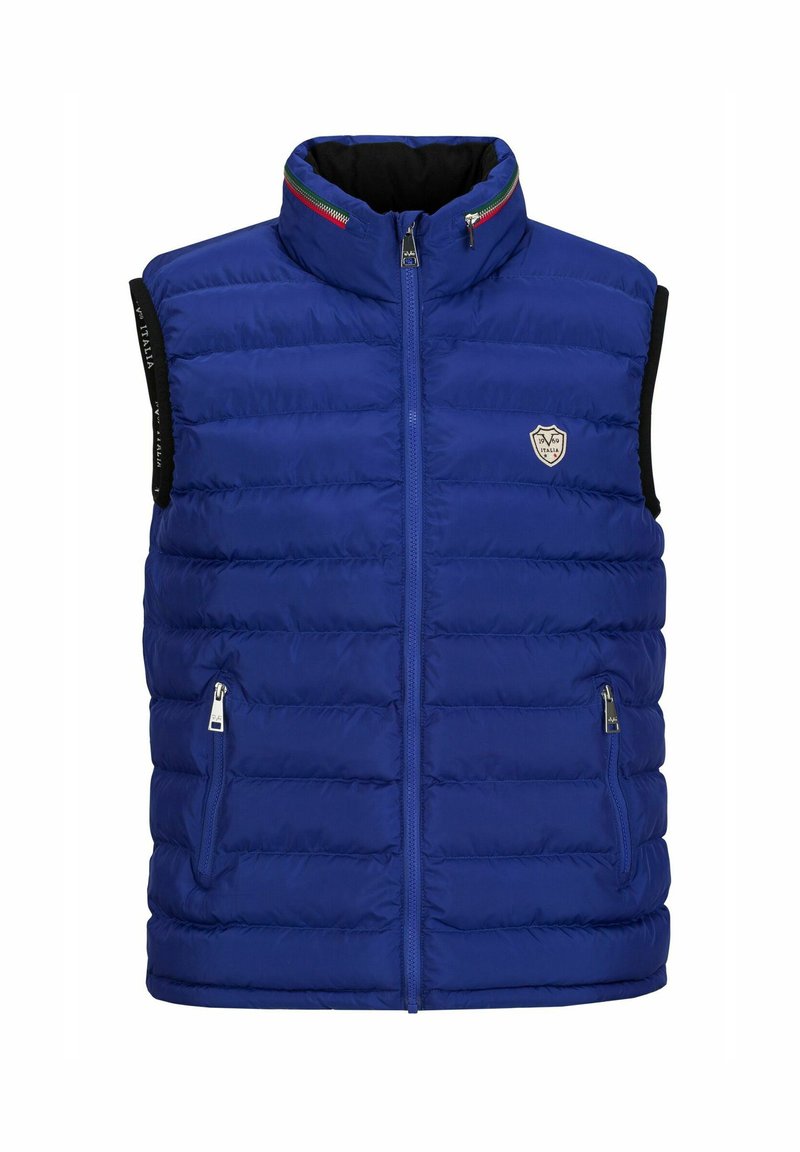 Blaues gepolstertes Westchen mit hohem Kragen, Frontreißverschluss und zwei seitlichen Taschen. Verfügt über ein Logo-Patch und mehrfarbige Akzente im Kragen.