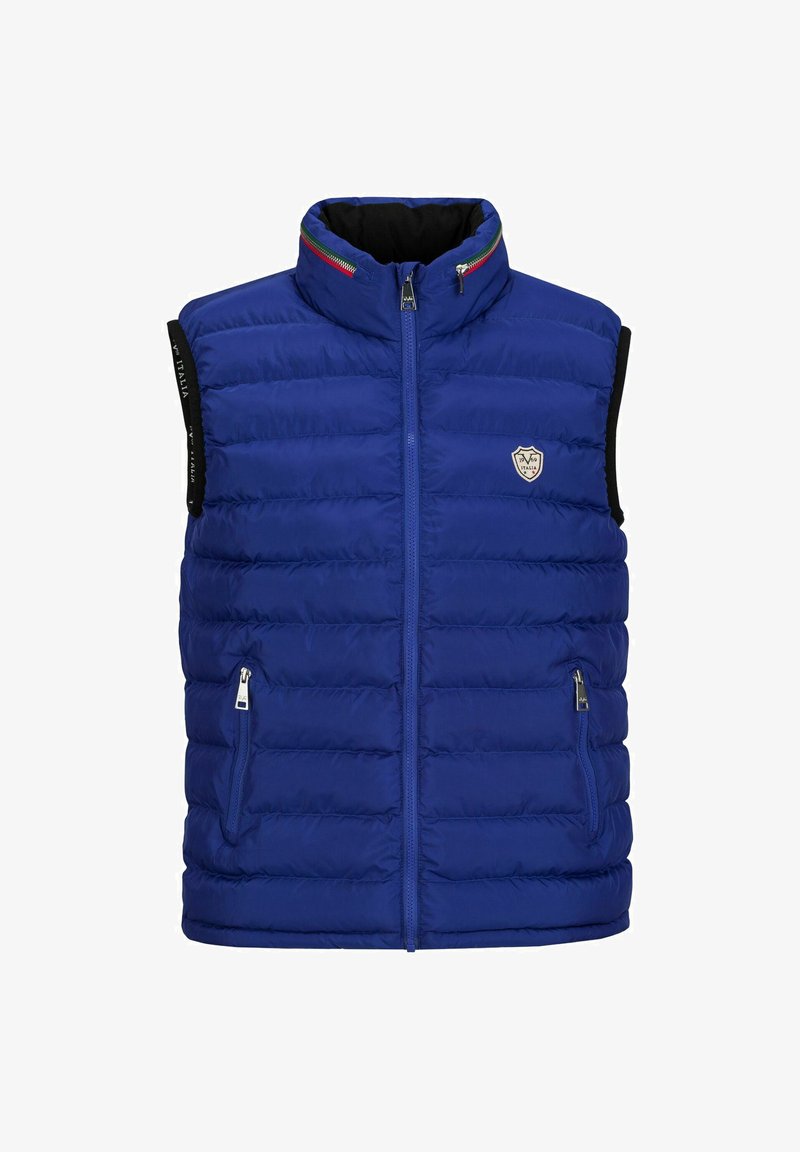 Blaues gepolstertes Westchen mit hohem Kragen, Frontreißverschluss und zwei seitlichen Taschen. Verfügt über ein Logo-Patch und mehrfarbige Akzente im Kragen.