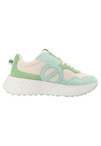Light green and cream sneaker made of mesh and suede, featuring a textured white sole, circular accent, and a rear logo tag.