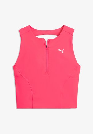 Top corto atletico rosa con cerniera frontale, con scollo arrotondato e cuciture laterali per una vestibilità aderente. Logo bianco sul petto.