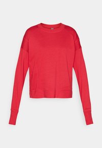 Felpa rossa a maniche lunghe con collo rotondo, realizzata in tessuto morbido, con maniche raglan, cuciture piatte e silhouette rilassata. Senza branding visibile.