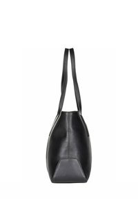 Black leather tote bag with two shoulder straps, a rounded body, and a triangular base. Smooth texture with subtle stitching details.