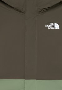 Olivgrüne Jacke mit strukturiertem Material und einem helleren grünen Saum. Das Logo von The North Face ist in Weiß auf der oberen linken Seite angebracht.