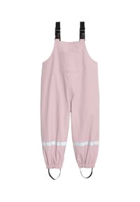 Salopettes imperméables roses avec bretelles noires ajustables, poignets élastiqués et bandes réfléchissantes blanches aux chevilles. Poche arrière visible.