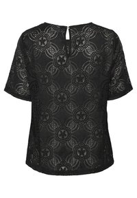 Czarna koronkiowa bluzka z kwiatowym wzorem, krótkimi rękawami oraz zapięciem na plecach w postaci otworu. Miękka faktura z warstwowymi zdobieniami z koronki.
