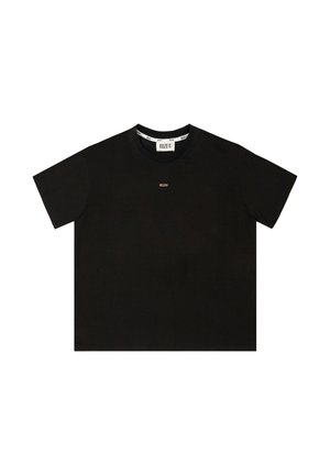 Czarny bawełniany t-shirt z okrągłym dekoltem, krótkimi rękawami i małym metalicznym akcentem logo z przodu. Gładka tekstura, luźny krój.