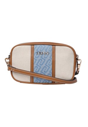 Petit sac bandoulière rectangulaire en toile beige avec bordure marron, bande centrale à motifs bleus et logo LIU JO argenté.