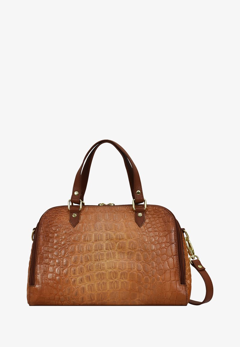 Crocodilllederen handtas in tan kleur met bruine accenten, dubbele handgrepen en afneembare schouderband. Kleine details in gouden hardware.