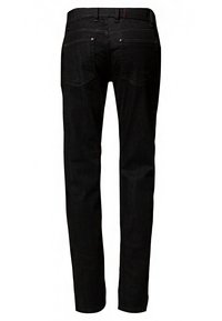 Jeans negros ajustados con bolsillos traseros, presillas para cinturón y una etiqueta de cuero en la cinturilla, mostrados desde la parte posterior sobre un fondo blanco.