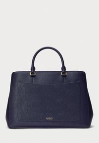 Bolso estructurado azul marino hecho de piel texturizada, con dos asas redondeadas y un bolsillo en la parte frontal. Presenta herrajes en tono dorado.