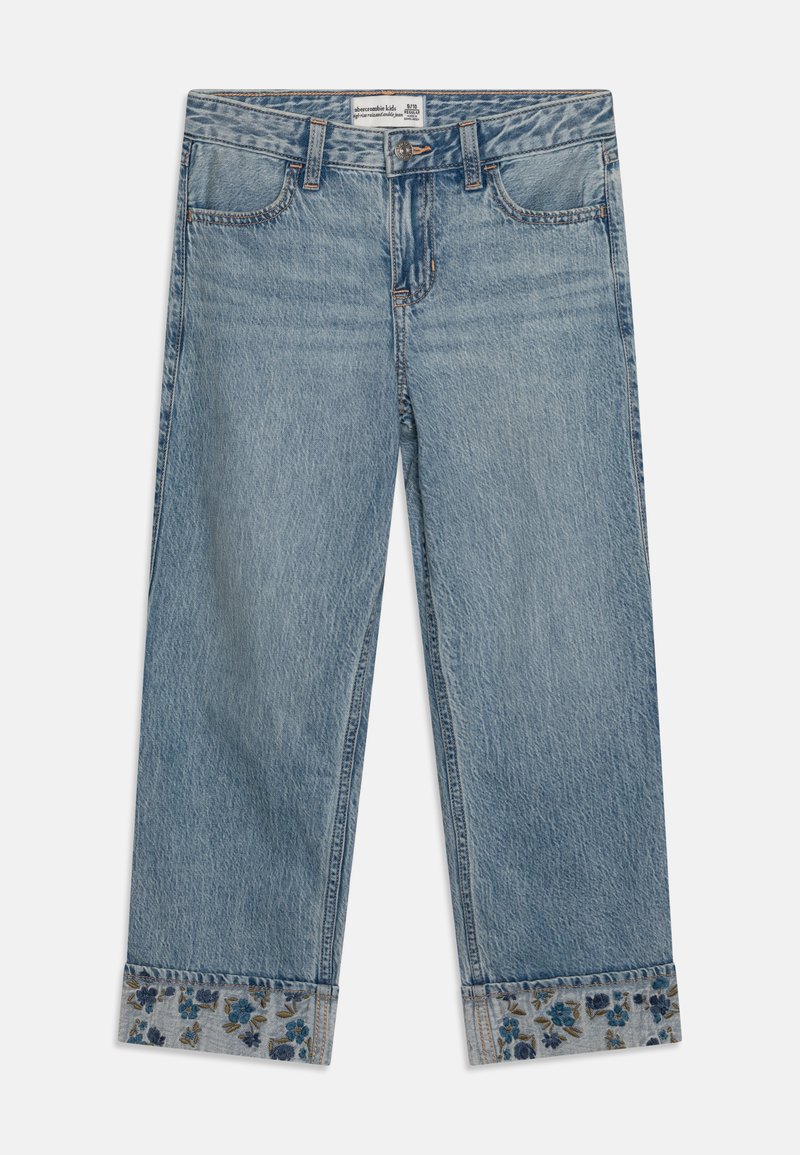 Light blue denim jeans with a straight leg cut, featuring a floral embroidered hem in blue and brown tones, and traditional five-pocket design.