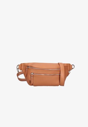 Tan leather waist bag with two front zippered pockets and adjustable strap with metal clasps.