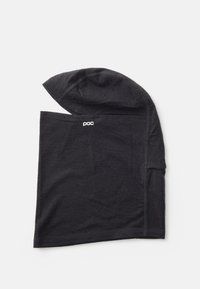 Zwarte capuchon balaclava van zacht stof. Heeft een wit logo aan de voorkant. Naadloos ontwerp met een aangesloten vorm voor warmte.