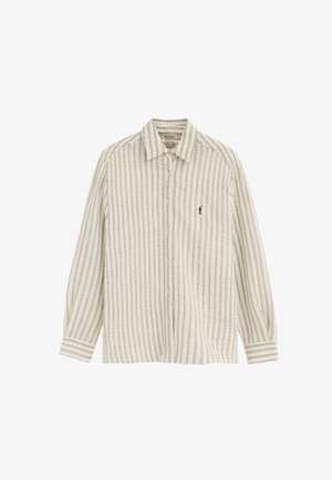 Camicia beige a maniche lunghe con bottoni e sottili strisce verticali blu, con piccolo logo ricamato sul petto a sinistra.