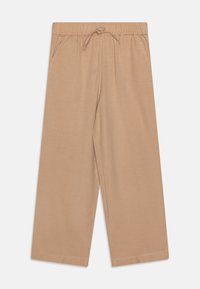 Pantalons beige à jambes larges avec une taille élastique et un cordon de serrage. Comprend deux poches latérales et un tissu lisse et léger.