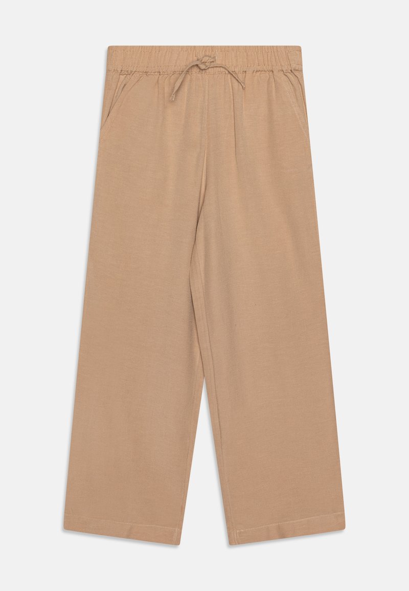 Pantalons beige à jambes larges avec une taille élastique et un cordon de serrage. Comprend deux poches latérales et un tissu lisse et léger.
