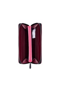 Zippered wallet in black, featuring a burgundy interior and pink accent sections. Multiple card slots and a central zipped compartment.