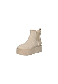 Stivaletto alla caviglia beige con suola platform, motivo floreale in rilievo, pannelli laterali elasticizzati, fodera morbida e suola in gomma spessa.
