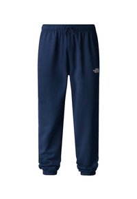Pantalones de chándal azul marino con cintura elástica y cordón. Puños en los tobillos. Presenta un pequeño logo blanco en la pierna izquierda.