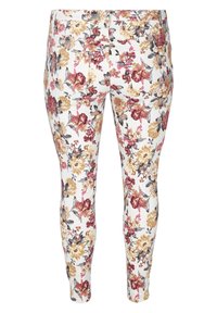 Leggings floreali con sfondo bianco, decorati con fiori rossi, gialli e grigi. Design slim fit con due tasche posteriori. Materiale in misto cotone.