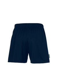 Navyblauwe sportshorts met een elastische tailleband, een gladde stoftextuur en een klein groen logo-label aan de linkerkant.