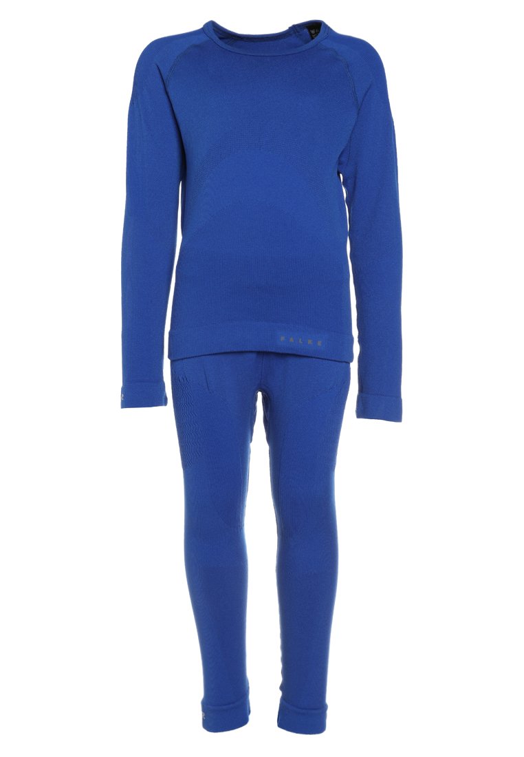 Blaues Thermo-Set mit einem langärmeligen Oberteil mit Rundhalsausschnitt und passenden, enganliegenden Hosen, beide aus strukturiertem, dehnbarem Stoff gefertigt.