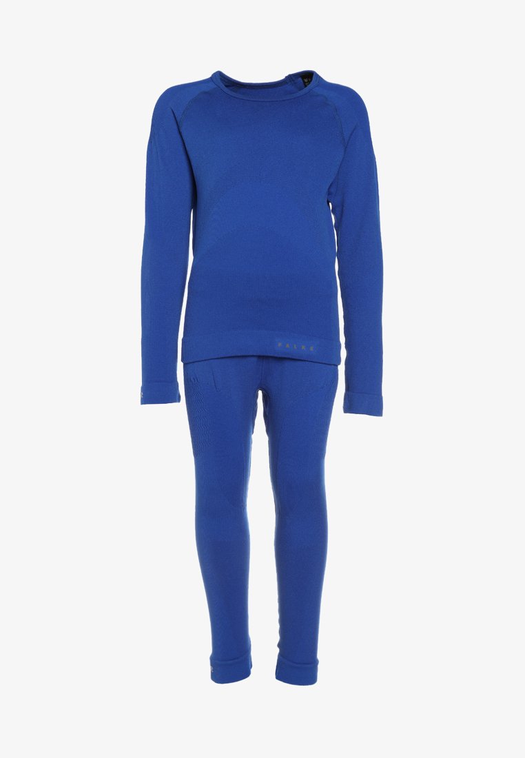 Ensemble thermique bleu comprenant un haut à manches longues avec un col rond et un pantalon ajusté assorti, tous deux fabriqués en tissu texturé et extensible.