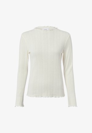 Cremefarbener, gerippter Langarmpullover mit wellenförmigen Kanten am Ausschnitt, den Bündchen und am Saum, mit Rundhalsausschnitt und schmaler Passform.