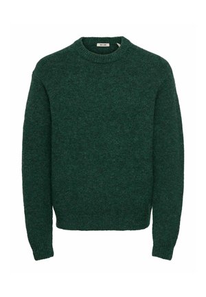 Pull en maille vert foncé à col rond, manches longues, poignets et bas côtes, fabriqué en tissu mélangé laine texturé.