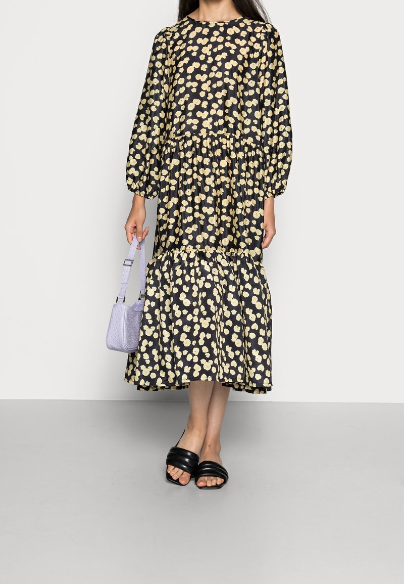 black tie front dress Black And Yellow Floral Satin Dress With Slit main image 0