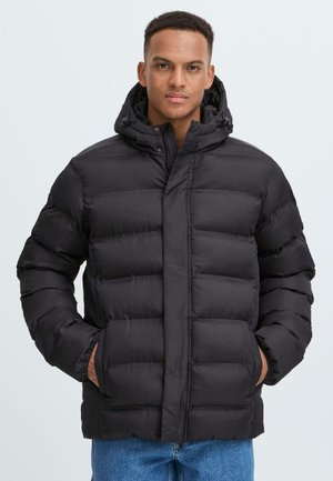 Black puffer jacket with a zippered front, hood, and side pockets. Features quilted texture and elastic cuffs. Material appears smooth and matte.