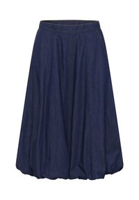 Fustă din denim bleumarin cu talie înaltă, design plisat și formă evazată. Are buzunare la spate și accente de cusături vizibile.