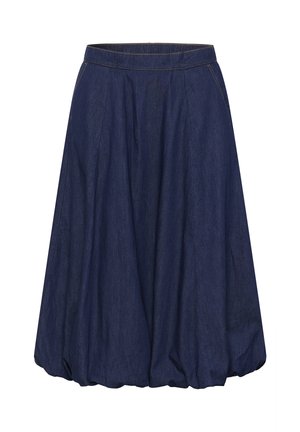 Navy denim skirt with a high waist, gathered design, and a flared shape. Features rear pockets and visible seam stitching accents.