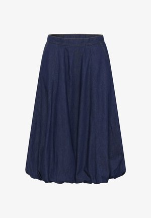 Námornícky denimová sukňa s vysokým pásom, zhlukovým dizajnom a rozšíreným tvarom. Obsahuje zadné vrecká a akcenty viditeľného stehu.