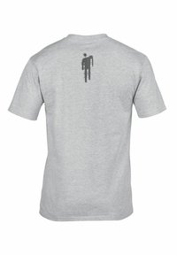 Camiseta de algodón gris de mangas cortas. Presenta un diseño gráfico negro de una figura simplificada en la parte superior de la espalda.