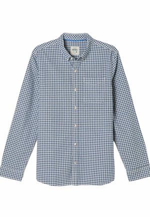Koszula zapinana na guziki w niebiesko-białą kratę, z długimi rękawami, kołnierzykiem, pojedynczą kieszenią na piersi, wykonana z lekkiej tkaniny.