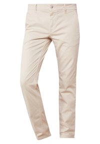 Beige chinos i en bomullsmix, med rak passform, framfickor och en enstaka knäppning i midjan. Slät textur.