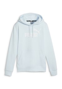 Felpa con cappuccio azzurro chiaro realizzata in morbido materiale, con tasca a marsupio, polsini a costine e un grande logo bianco "PUMA" sulla parte anteriore.